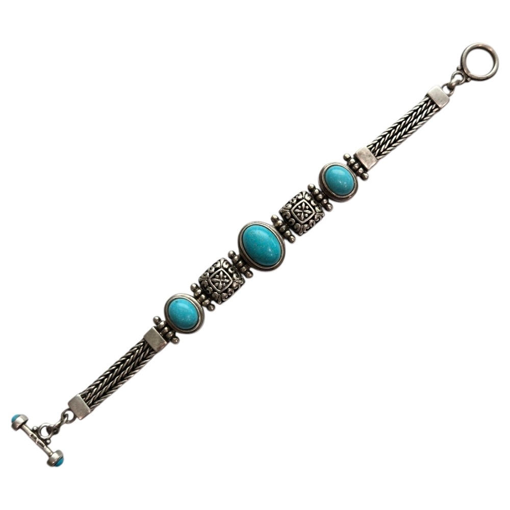 925A China Bracelet Sterling Silver 7.5" Blue Turquoise Toggle Chain 27.8g